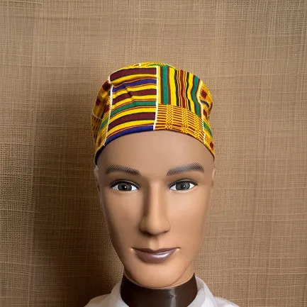 Green/Yellow/Gold Style1 Kente Print African Kufi Hat with Matching Mask