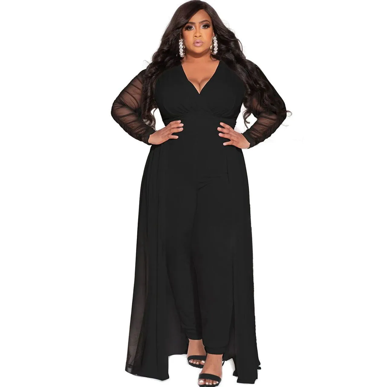 Lace Sleeves Deep V-neck Smock Plus Size Jumpsuits