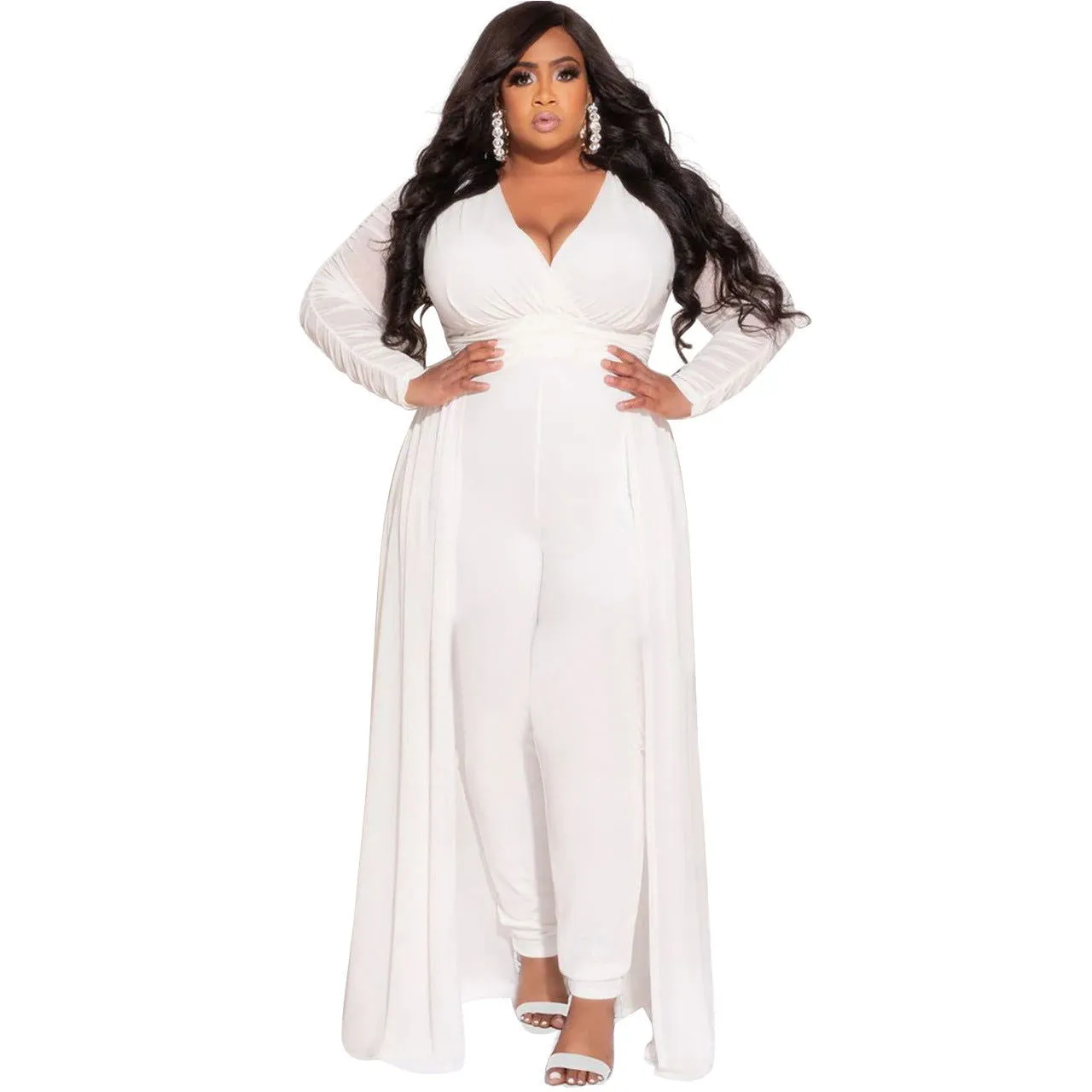 Lace Sleeves Deep V-neck Smock Plus Size Jumpsuits