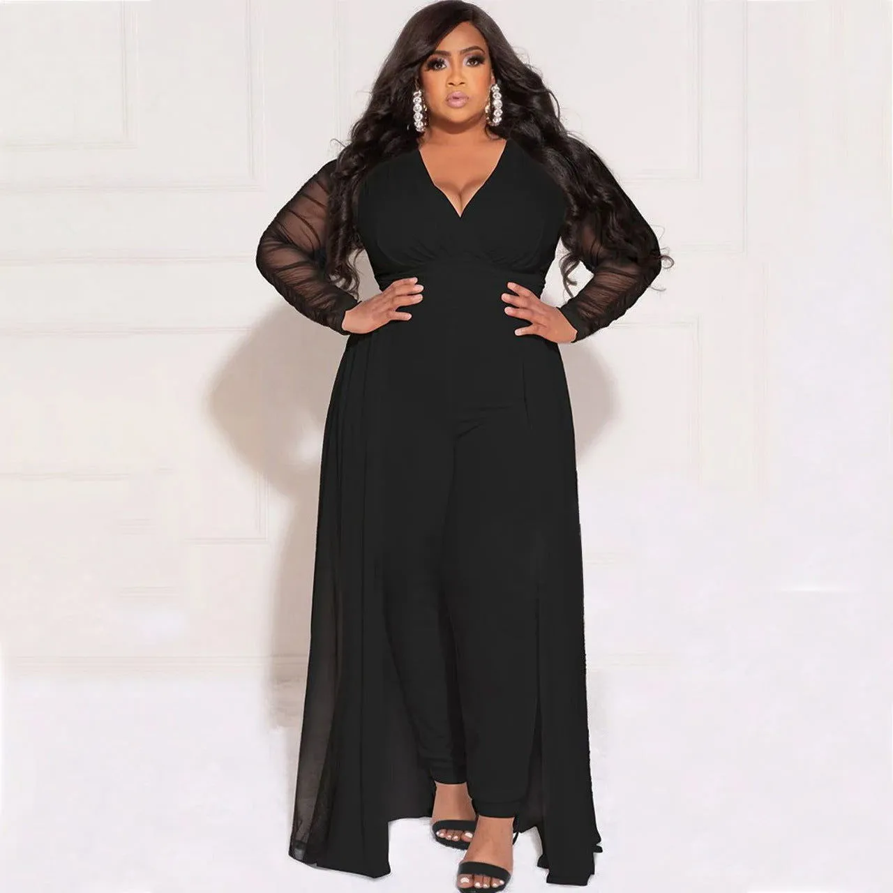 Lace Sleeves Deep V-neck Smock Plus Size Jumpsuits