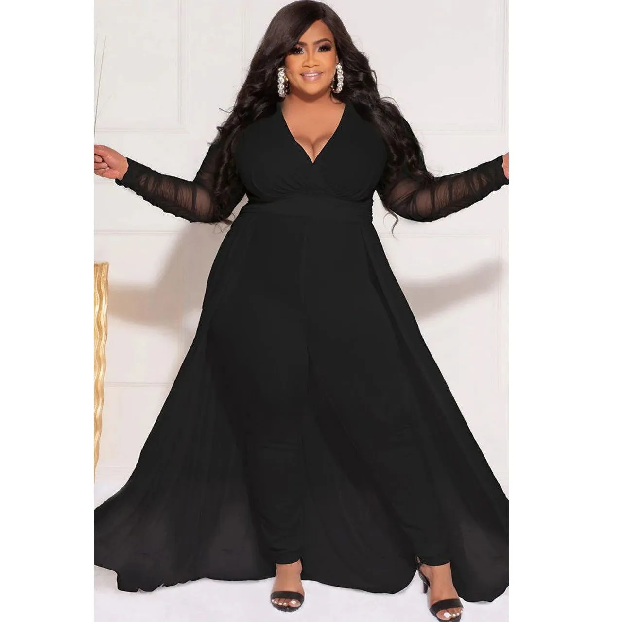 Lace Sleeves Deep V-neck Smock Plus Size Jumpsuits