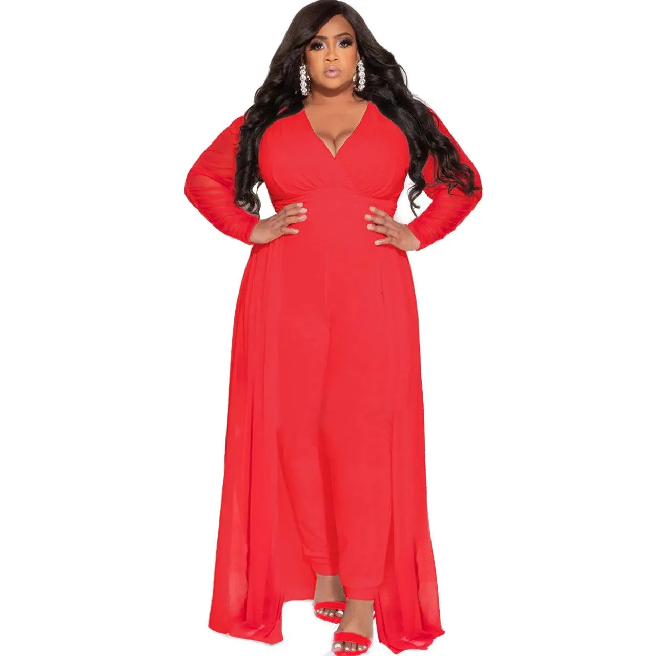 Lace Sleeves Deep V-neck Smock Plus Size Jumpsuits