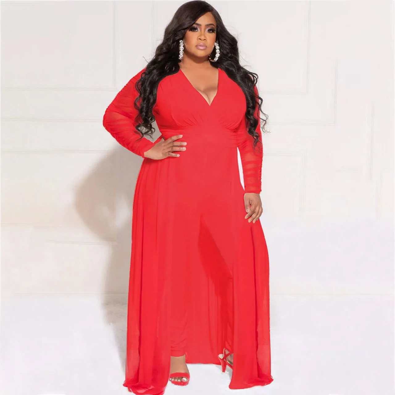 Lace Sleeves Deep V-neck Smock Plus Size Jumpsuits