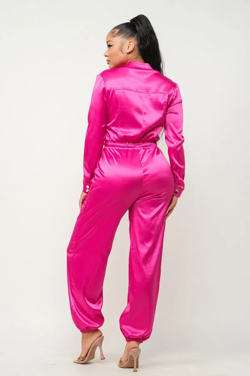 Long Sleeve Fuchsia Satin Jogger Jumpsuit