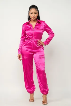Long Sleeve Fuchsia Satin Jogger Jumpsuit