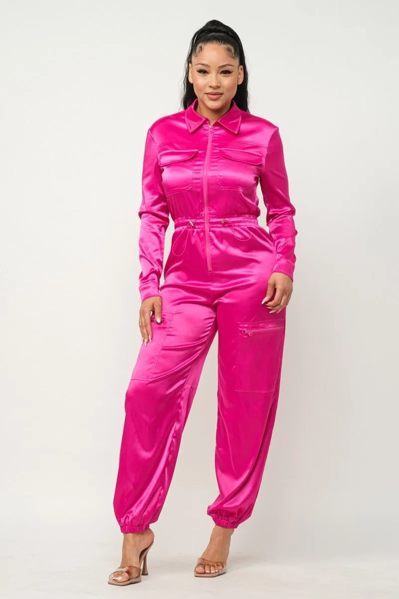 Long Sleeve Fuchsia Satin Jogger Jumpsuit