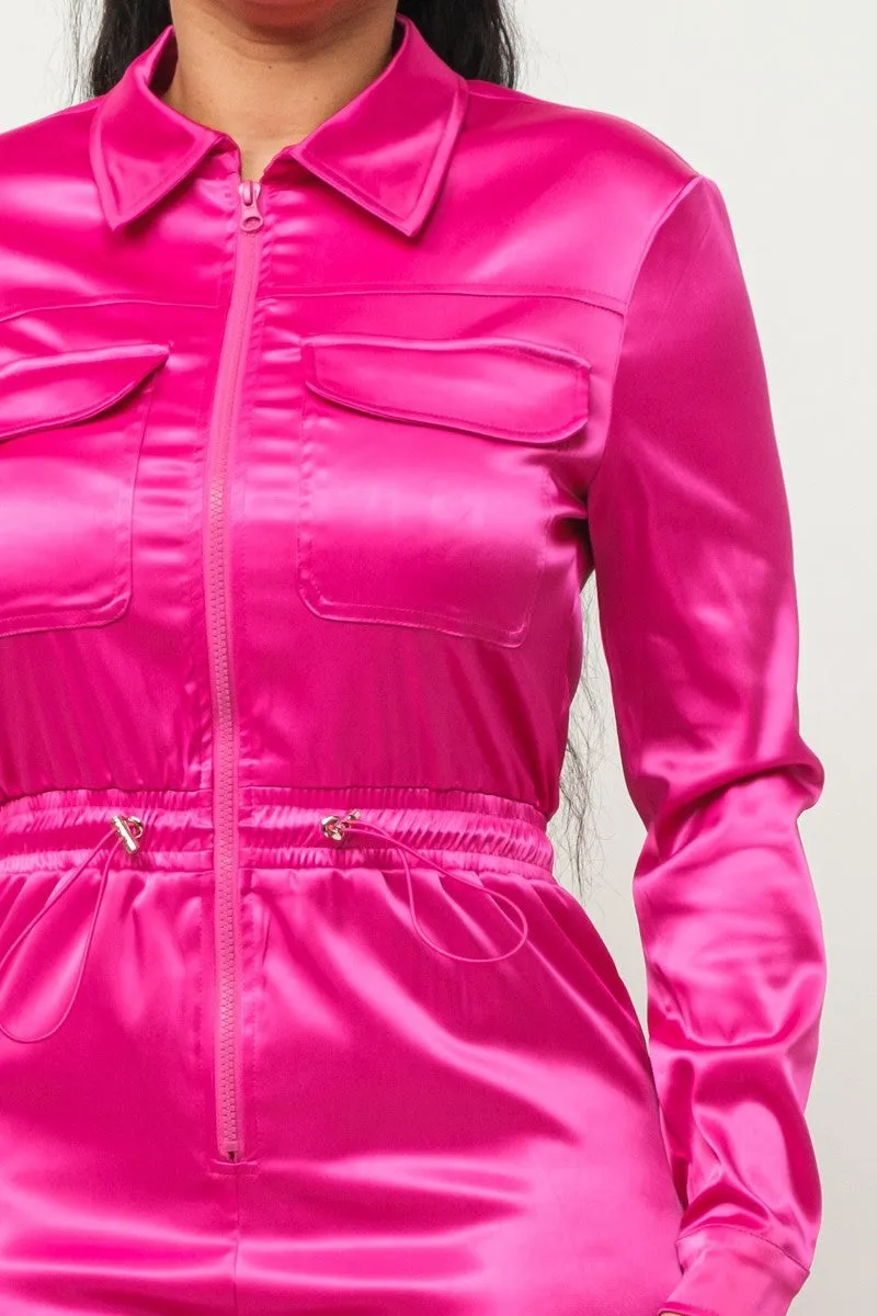 Long Sleeve Fuchsia Satin Jogger Jumpsuit