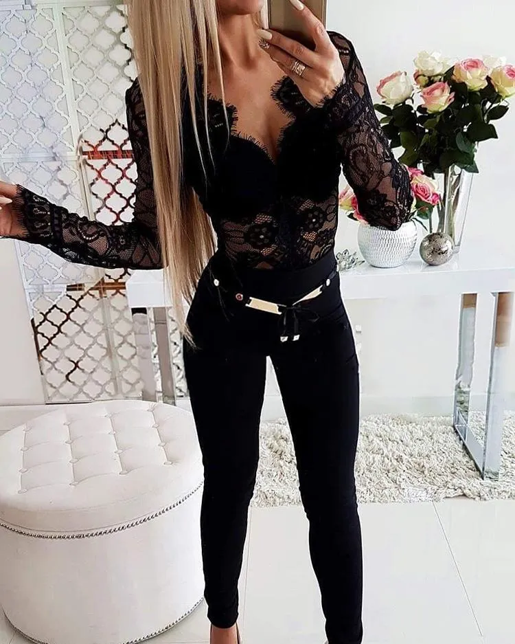 Melissa Sheer Eyelash Lace Long Sleeve Bodysuit