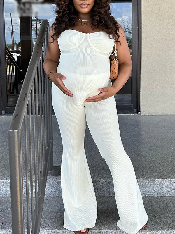 Momnfancy White Two Piece Irregular Off-shoulder Bandeau High Waisted Streetwear Chic Baby Shower Maternity Long Jumpsuit