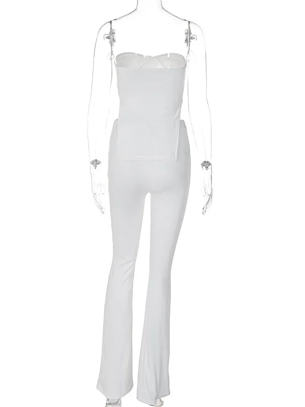 Momnfancy White Two Piece Irregular Off-shoulder Bandeau High Waisted Streetwear Chic Baby Shower Maternity Long Jumpsuit