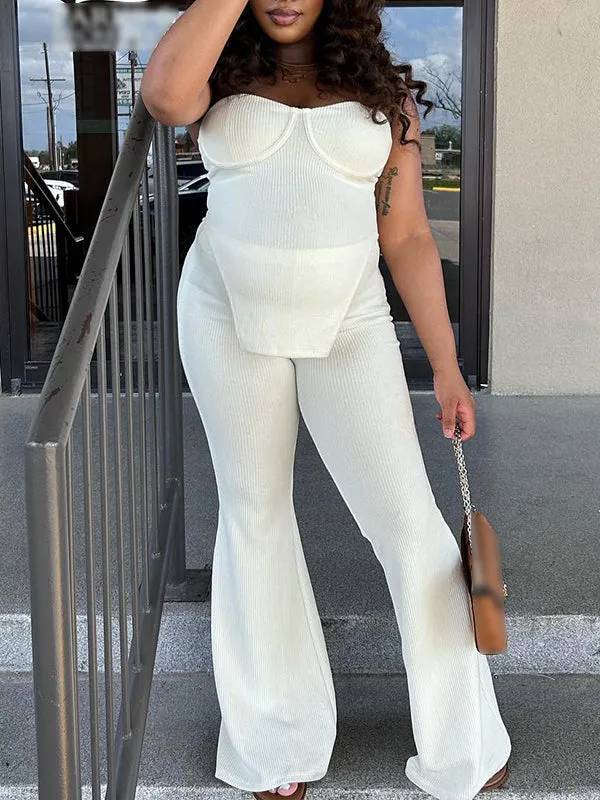 Momnfancy White Two Piece Irregular Off-shoulder Bandeau High Waisted Streetwear Chic Baby Shower Maternity Long Jumpsuit