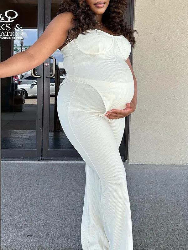 Momnfancy White Two Piece Irregular Off-shoulder Bandeau High Waisted Streetwear Chic Baby Shower Maternity Long Jumpsuit