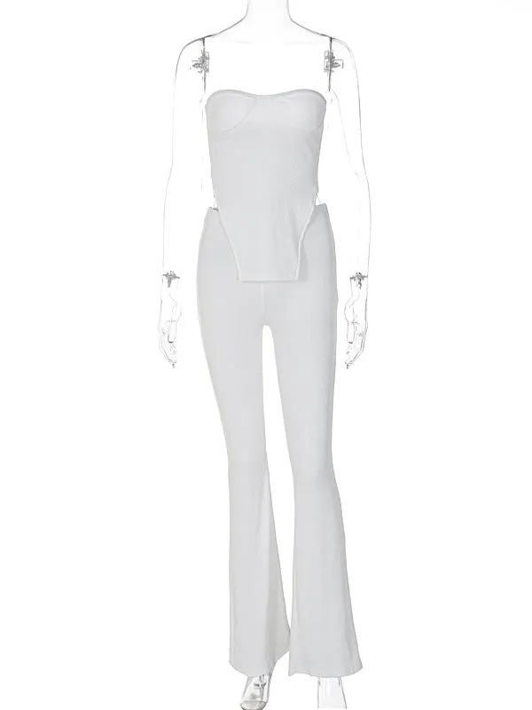 Momnfancy White Two Piece Irregular Off-shoulder Bandeau High Waisted Streetwear Chic Baby Shower Maternity Long Jumpsuit