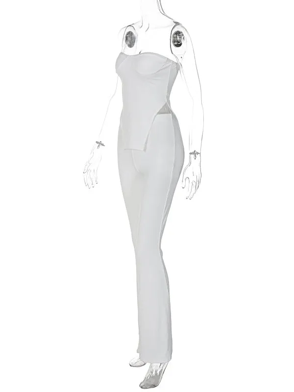 Momnfancy White Two Piece Irregular Off-shoulder Bandeau High Waisted Streetwear Chic Baby Shower Maternity Long Jumpsuit