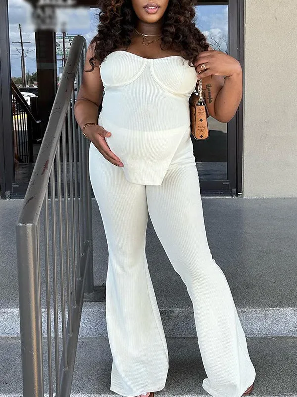 Momnfancy White Two Piece Irregular Off-shoulder Bandeau High Waisted Streetwear Chic Baby Shower Maternity Long Jumpsuit