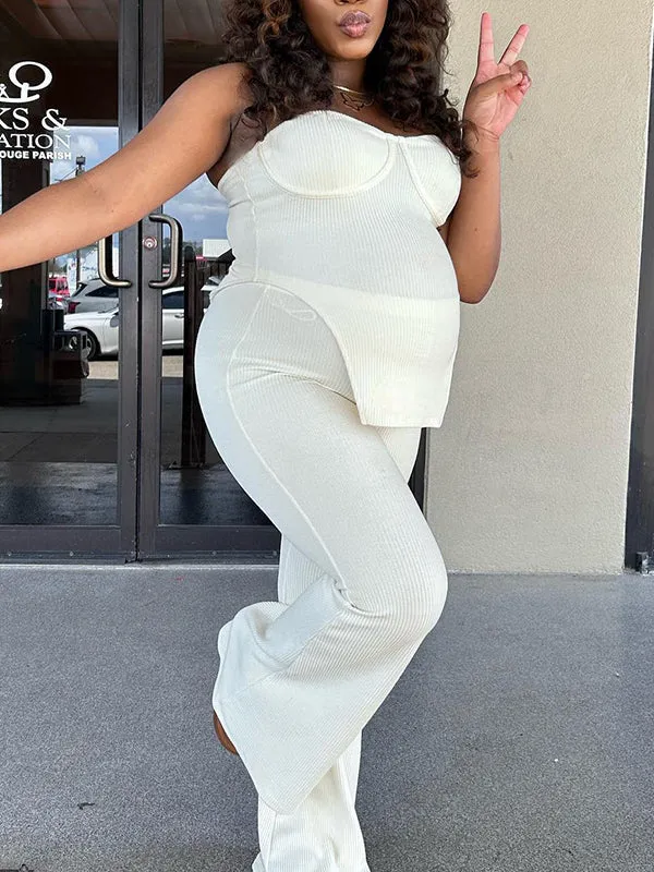 Momnfancy White Two Piece Irregular Off-shoulder Bandeau High Waisted Streetwear Chic Baby Shower Maternity Long Jumpsuit