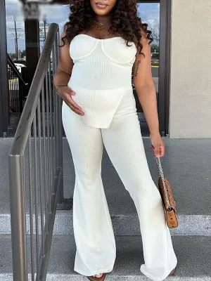 Momnfancy White Two Piece Irregular Off-shoulder Bandeau High Waisted Streetwear Chic Baby Shower Maternity Long Jumpsuit