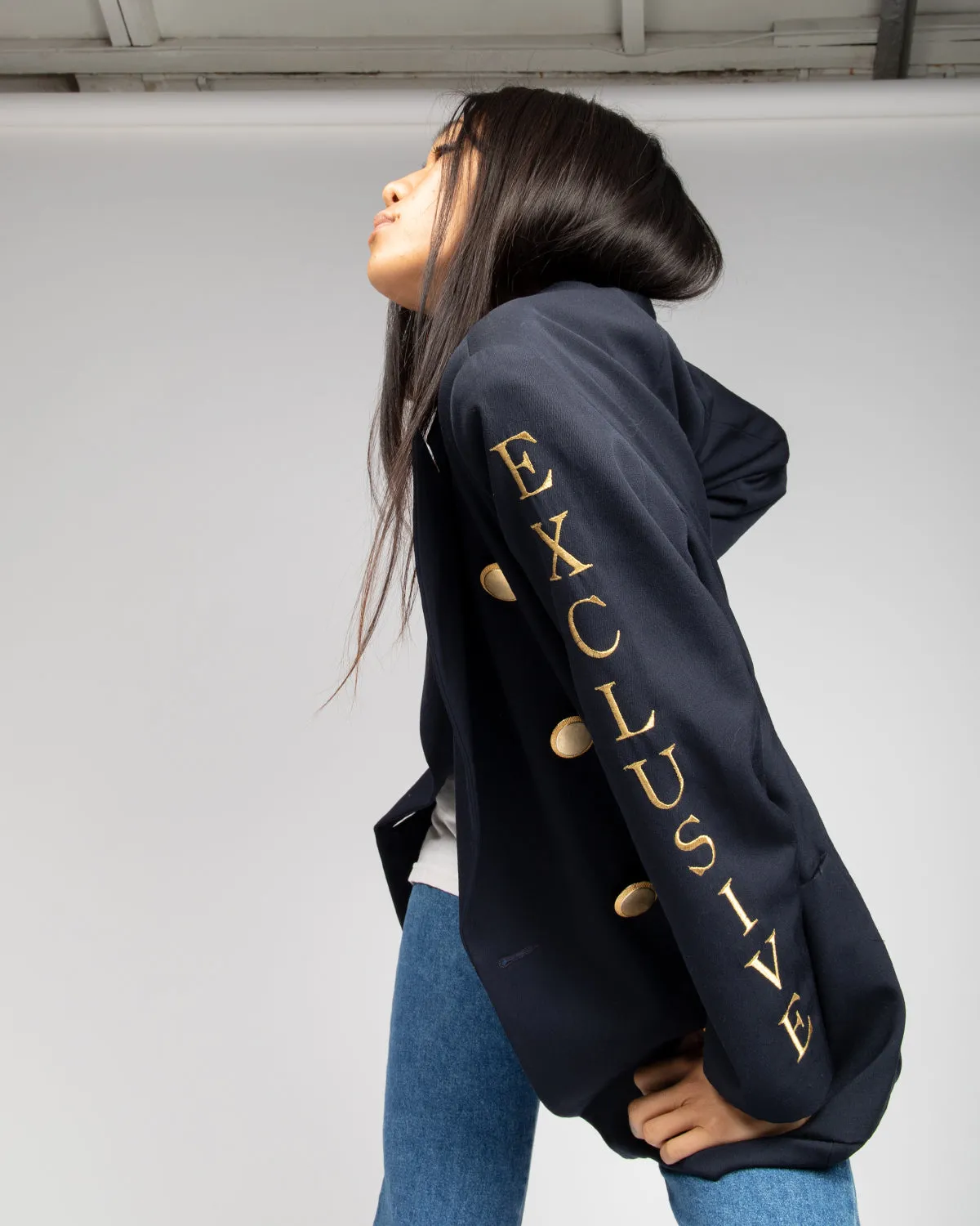 Navy Boxy fit Clips gold button blazer