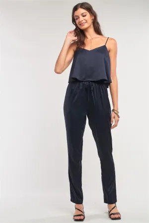 Navy Satin Sleeveless Soft V-neck Layered Self-tie Waist Detail Jumpsuit