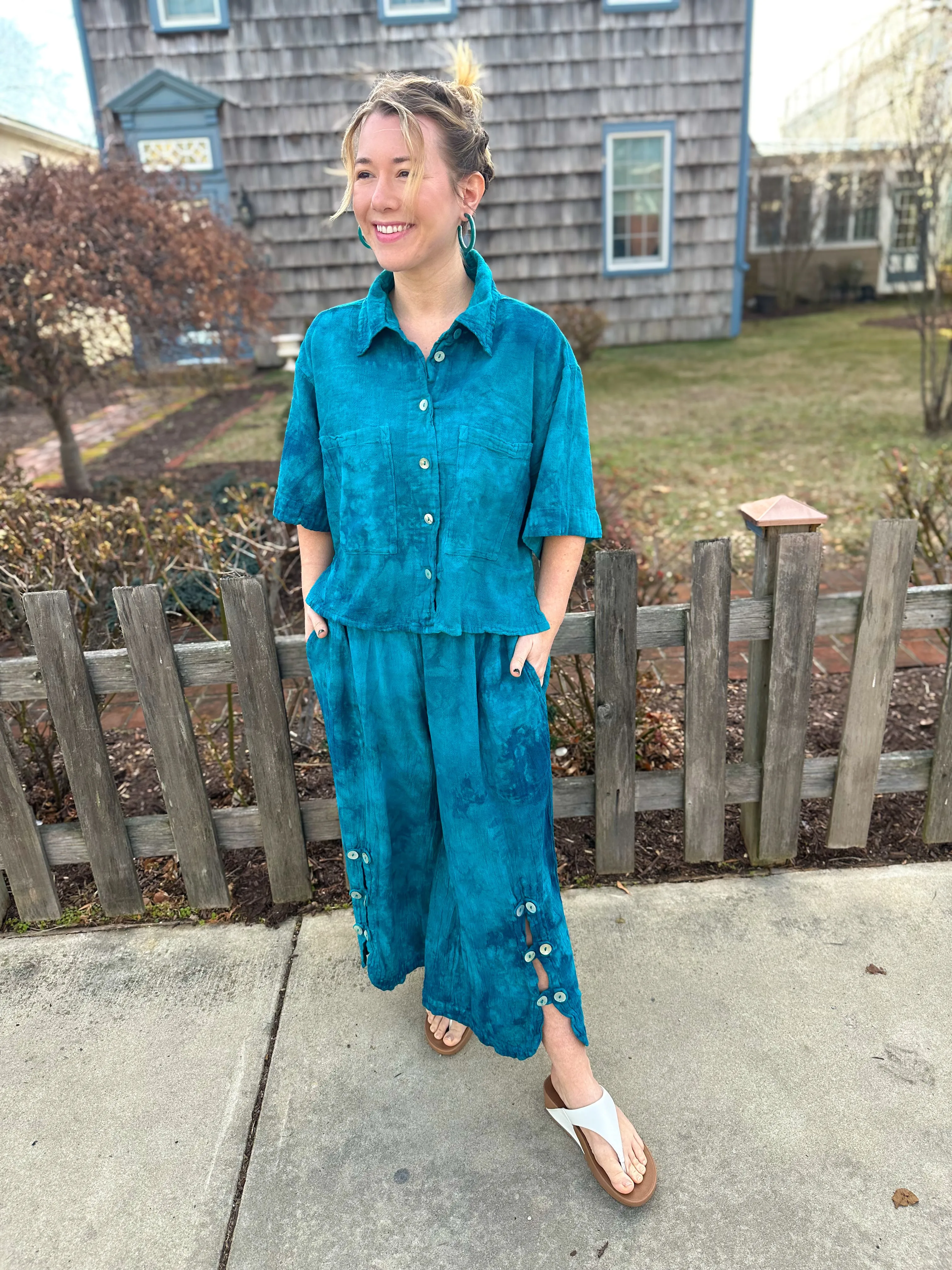 Oh My Gauze Dotty Button Pant Washed Peacock