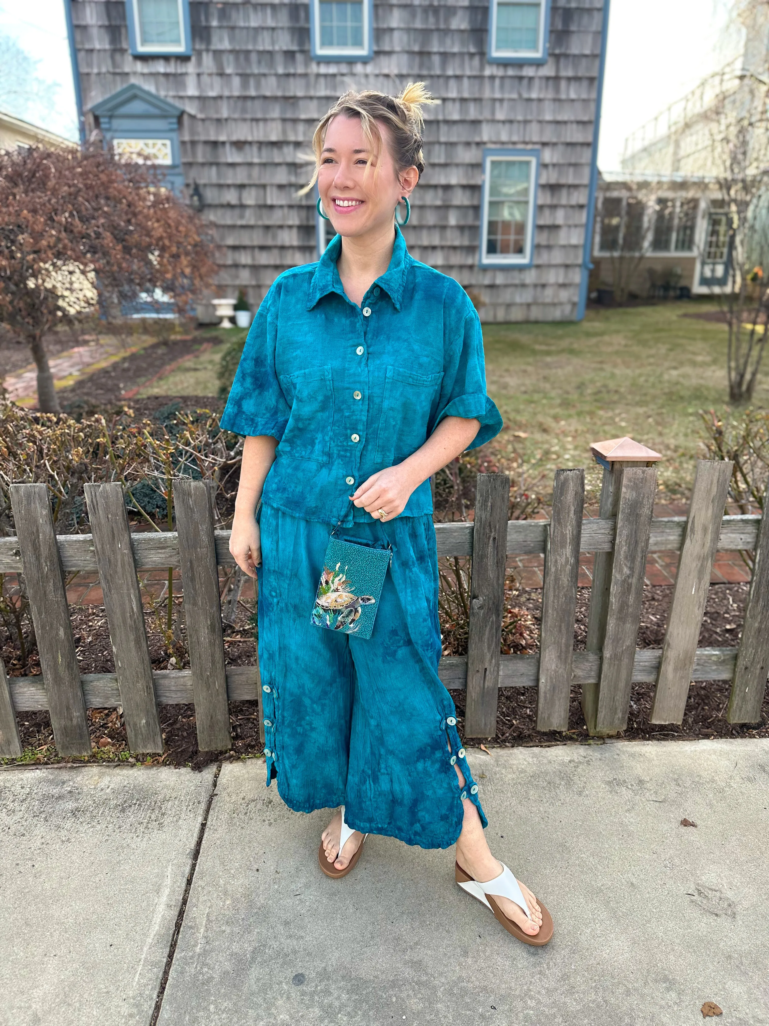 Oh My Gauze Dotty Button Pant Washed Peacock