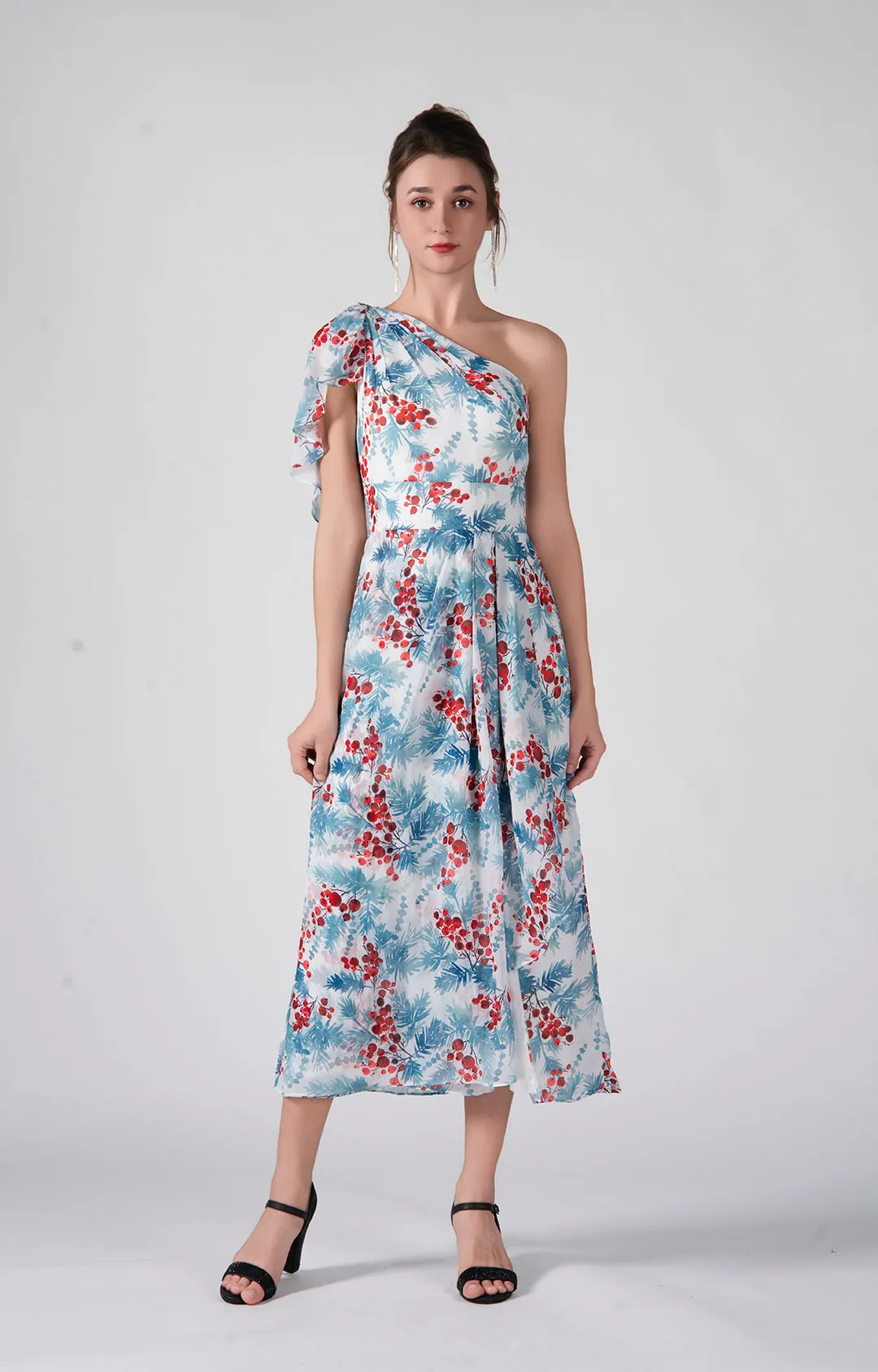 One Shoulder Ruffles Flowy Pleated Midi Dress