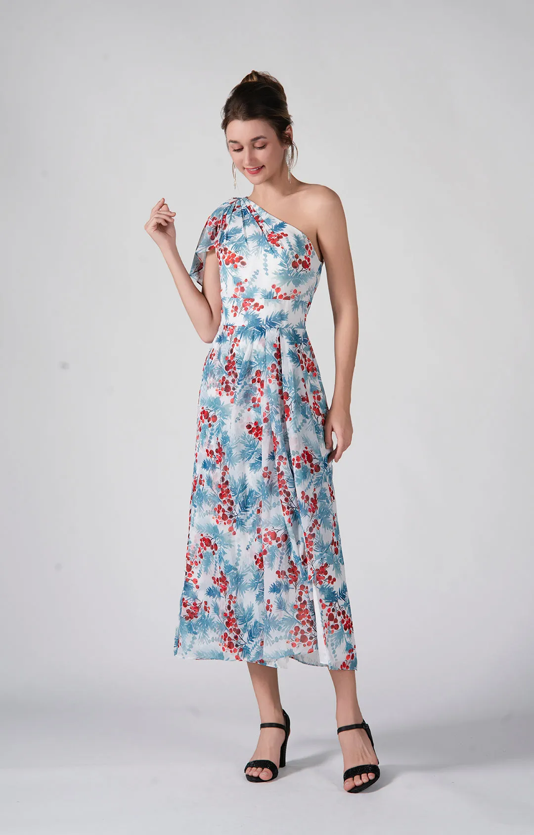 One Shoulder Ruffles Flowy Pleated Midi Dress