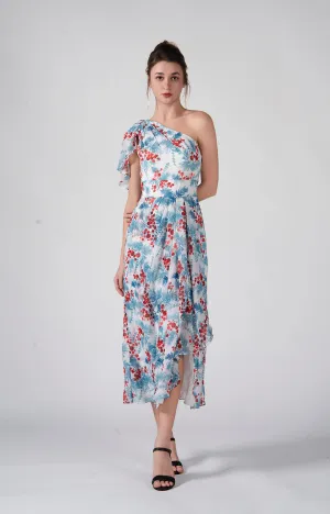 One Shoulder Ruffles Flowy Pleated Midi Dress