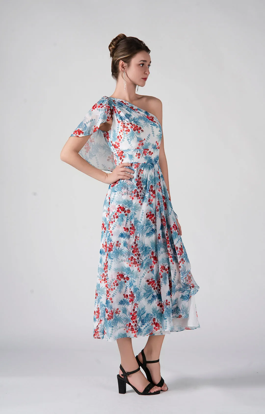 One Shoulder Ruffles Flowy Pleated Midi Dress
