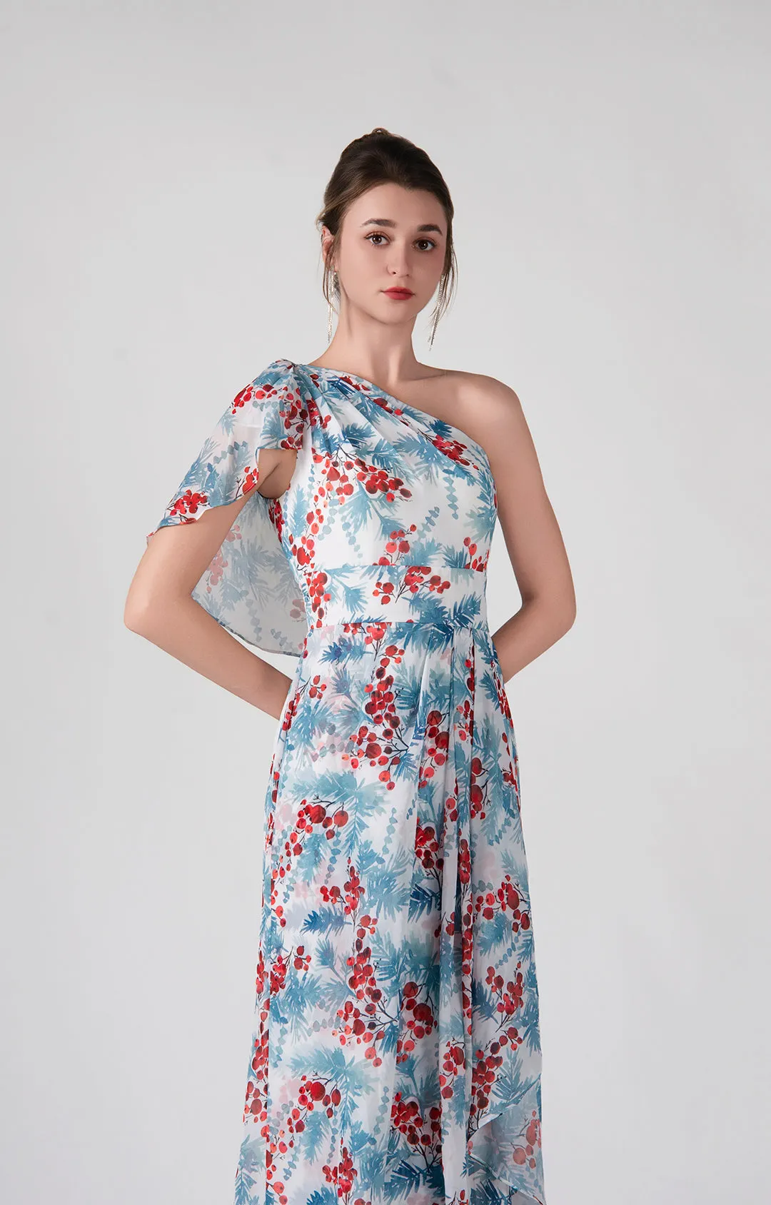 One Shoulder Ruffles Flowy Pleated Midi Dress
