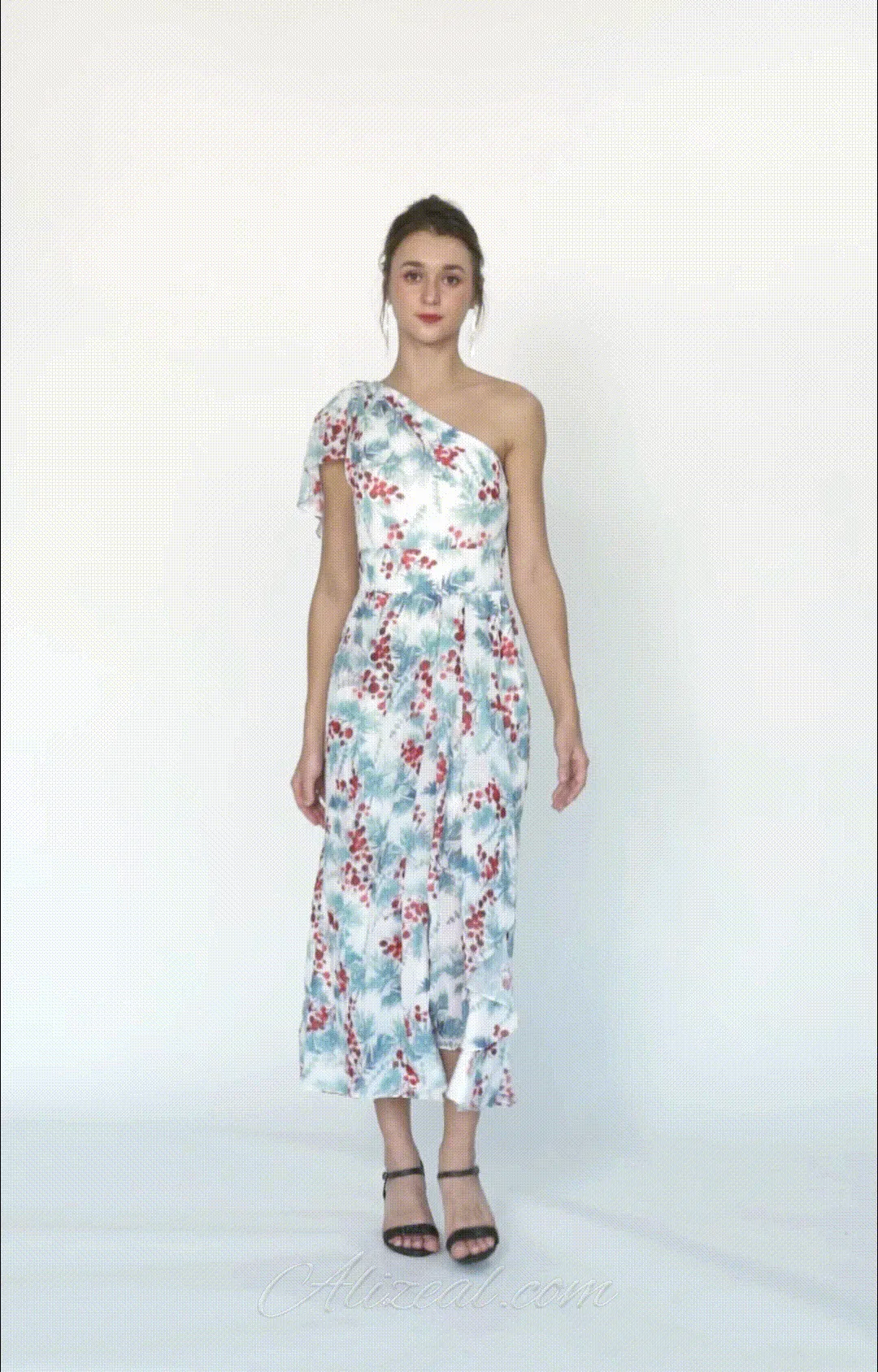 One Shoulder Ruffles Flowy Pleated Midi Dress