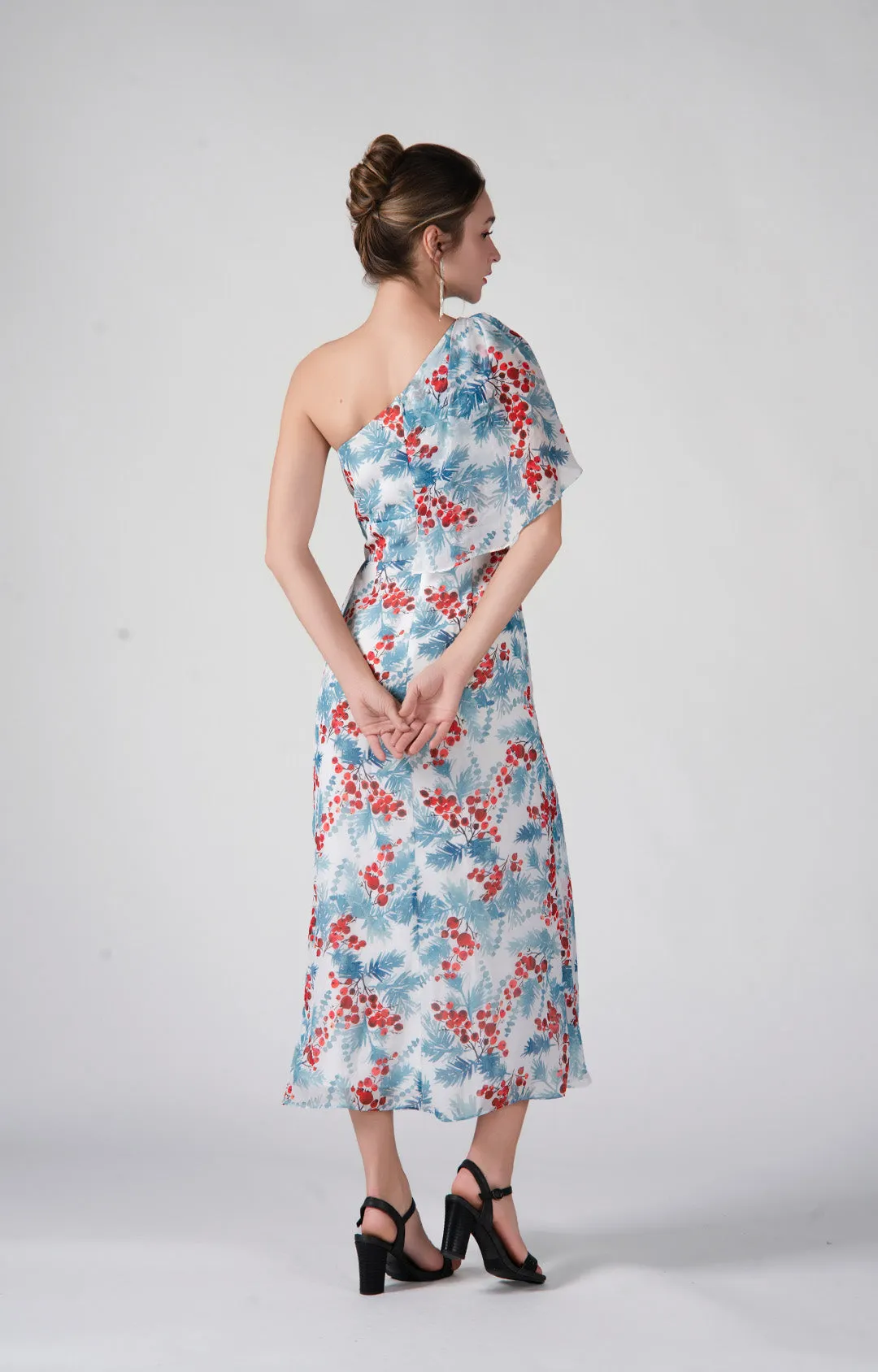 One Shoulder Ruffles Flowy Pleated Midi Dress