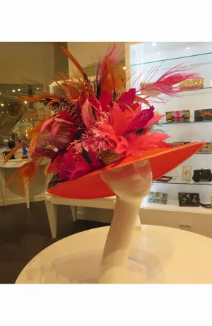 Passion Orange Large Brim Hat with Feathers