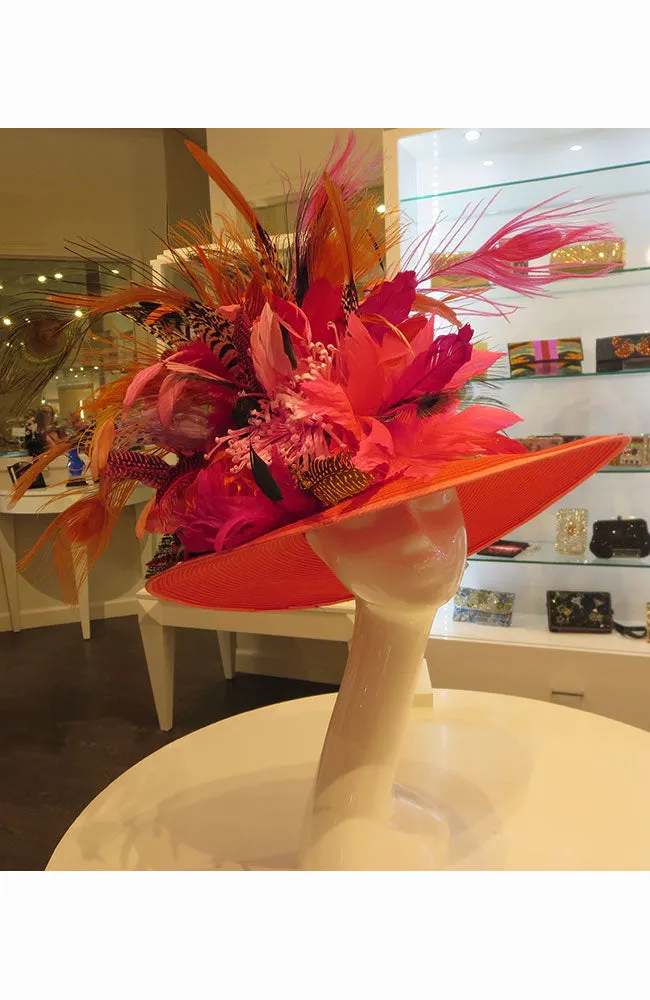 Passion Orange Large Brim Hat with Feathers