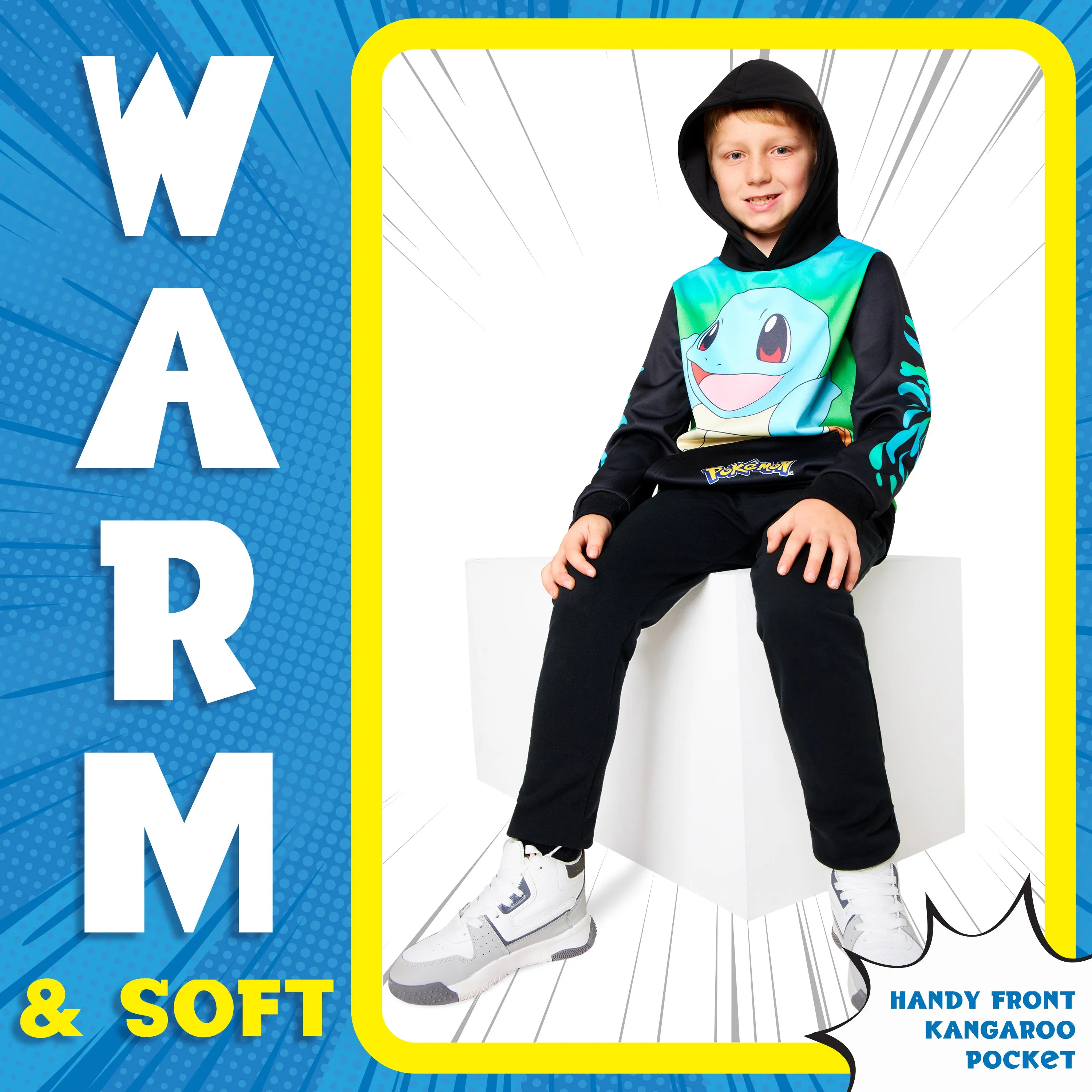 Pokemon Boys Hoodie with Cuffed Sleeves, Kangaroo Pocket - Black/Green Squirtle