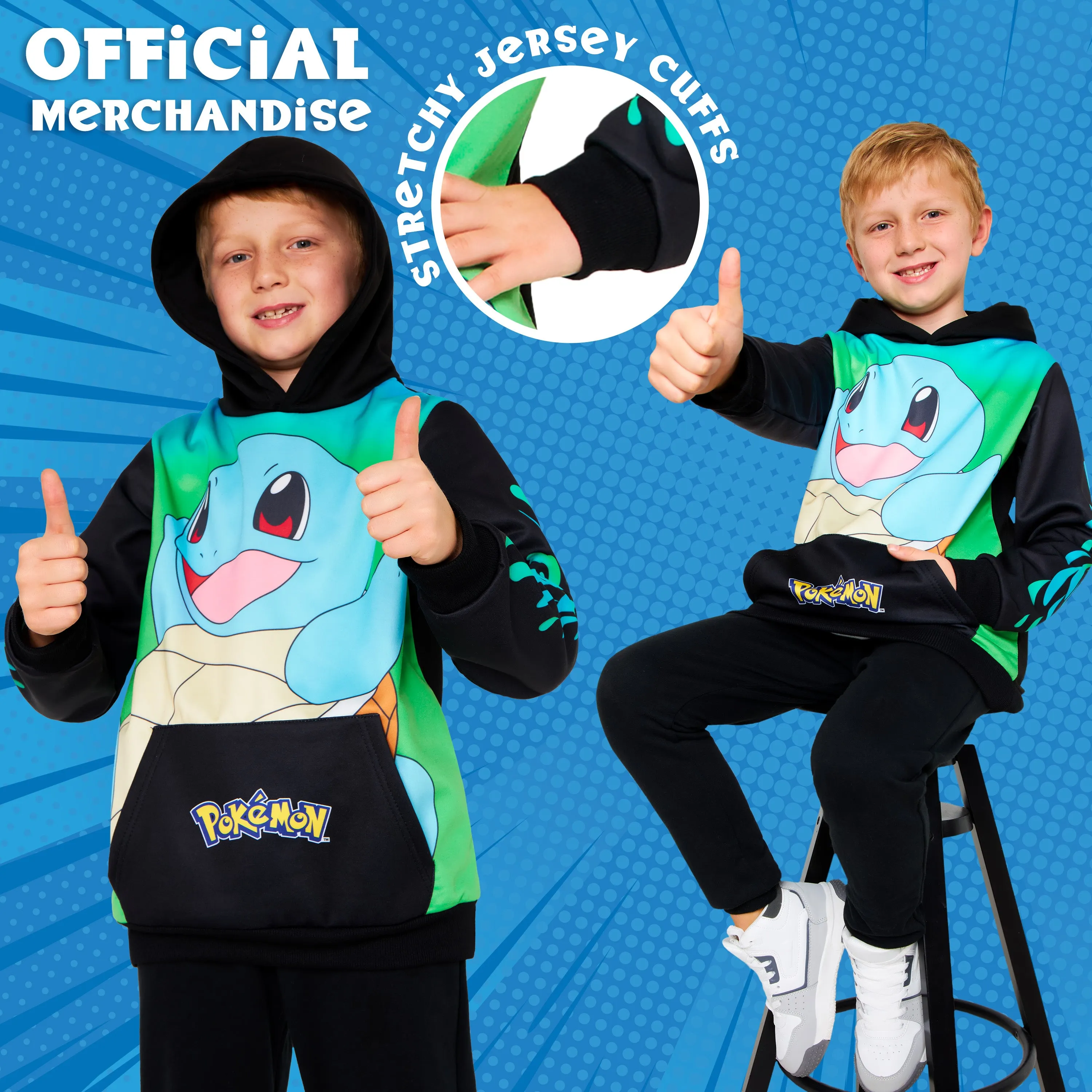 Pokemon Boys Hoodie with Cuffed Sleeves, Kangaroo Pocket - Black/Green Squirtle