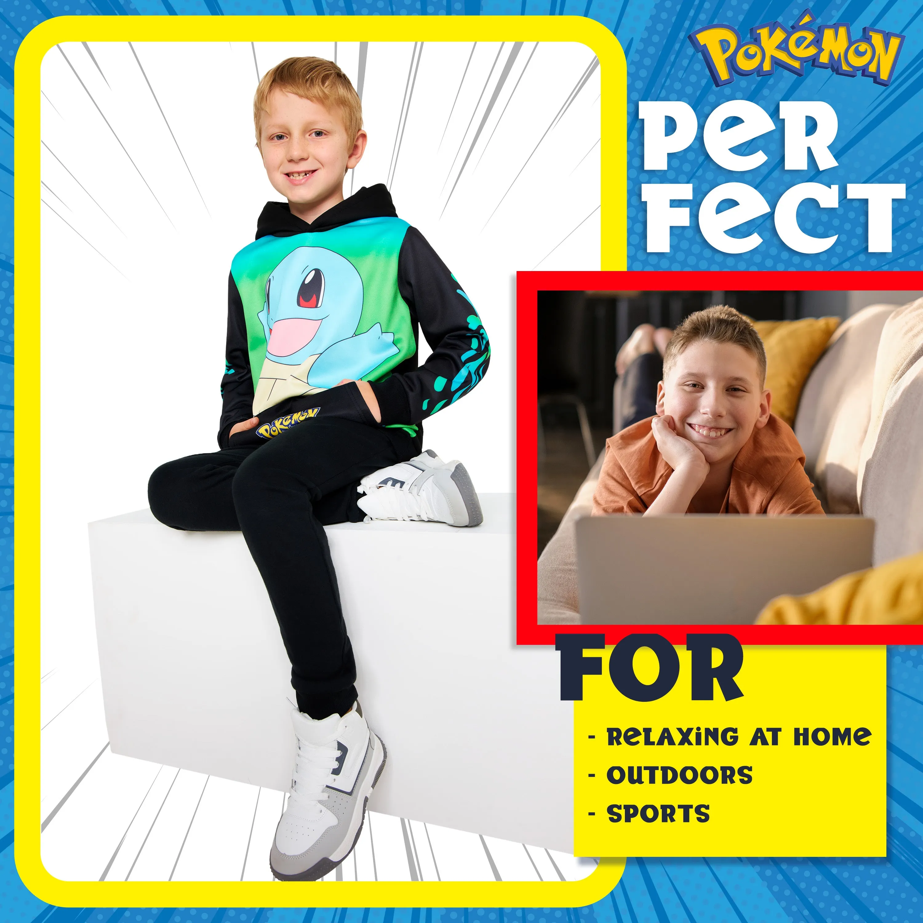 Pokemon Boys Hoodie with Cuffed Sleeves, Kangaroo Pocket - Black/Green Squirtle