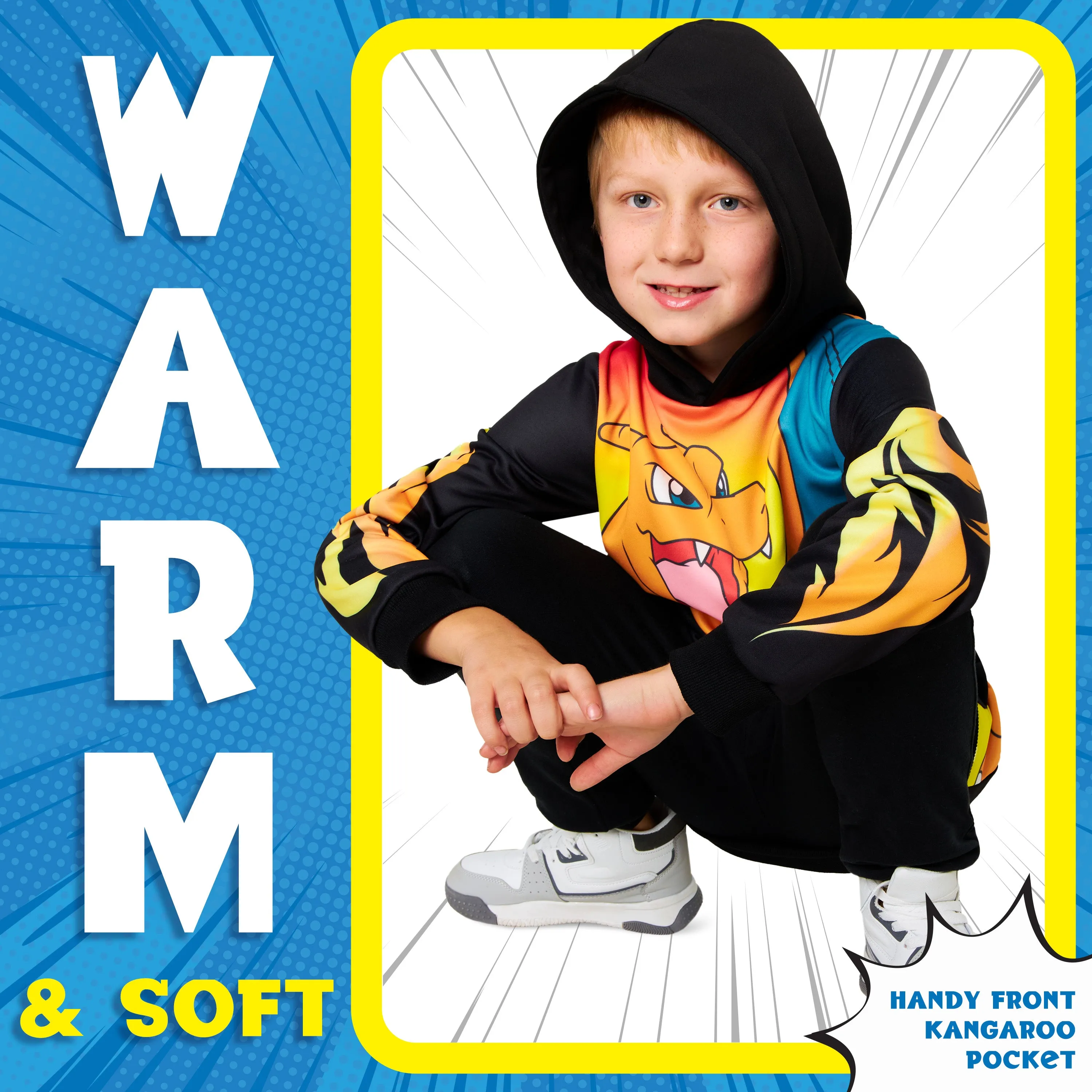 Pokemon Boys Hoodie with Cuffed Sleeves, Kangaroo Pocket - Black/Orange Charizard