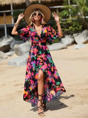 Printed Surplice Short Sleeve Maxi Dress