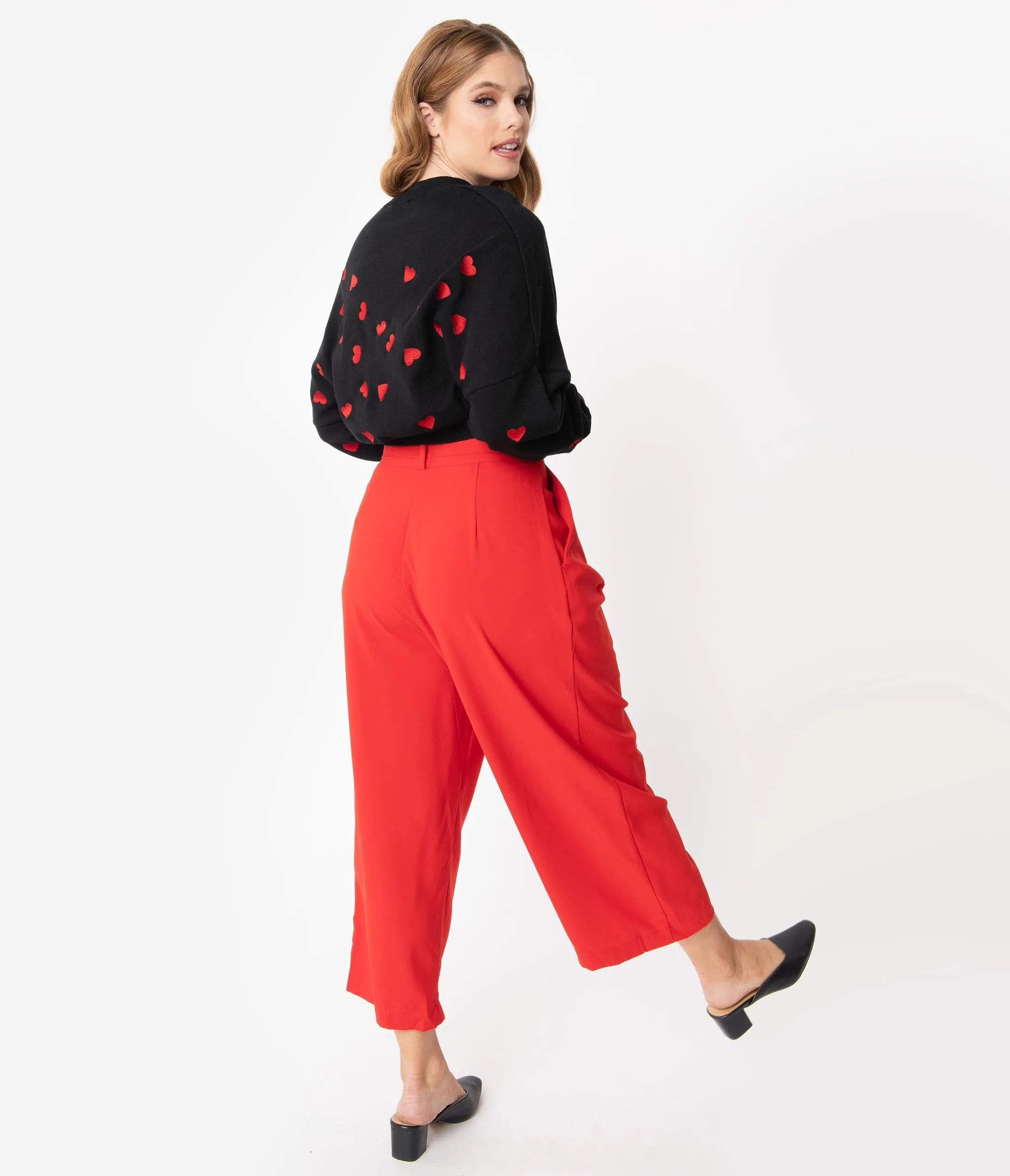 Red High Waist Belted Wide Leg Pants