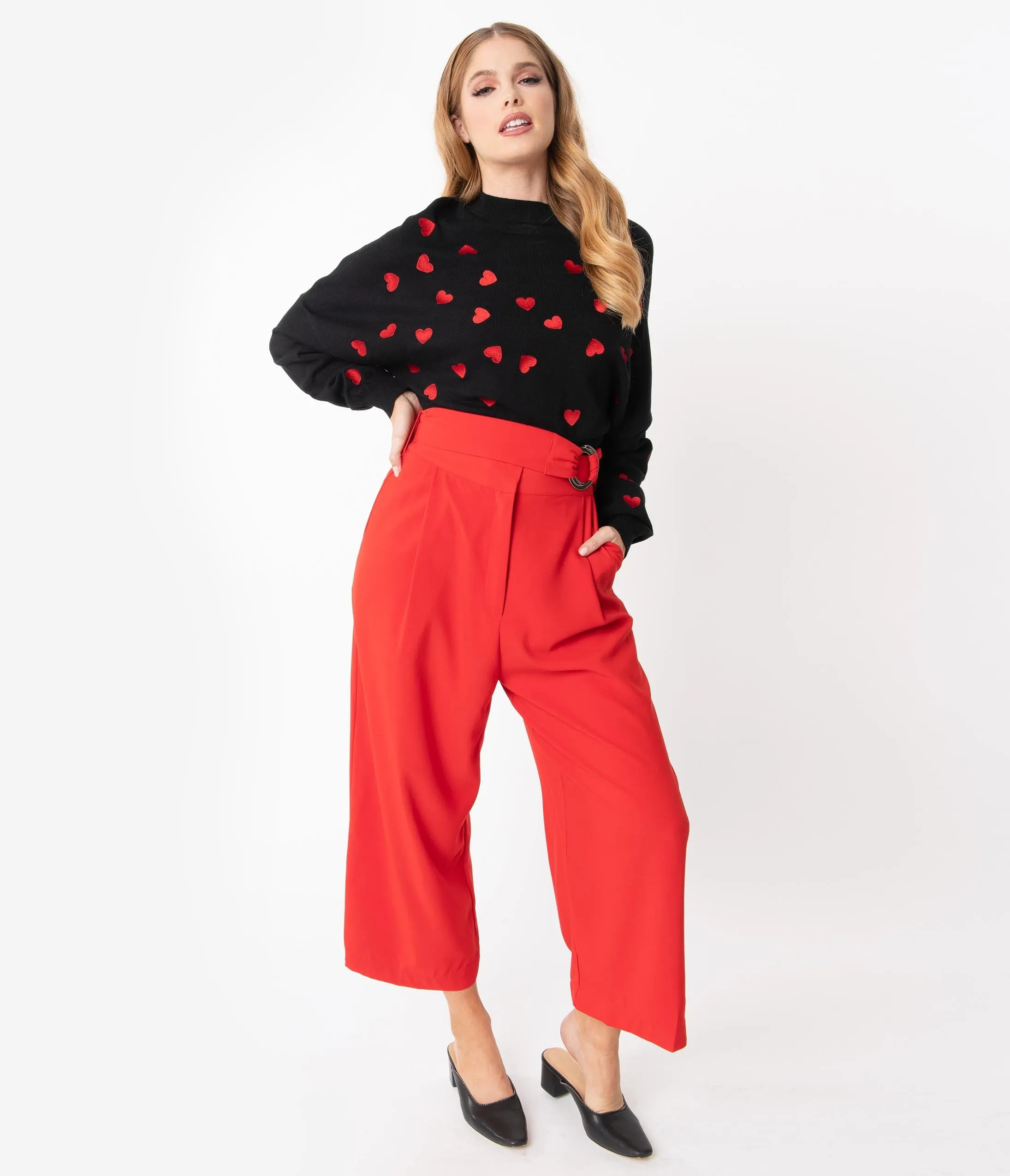 Red High Waist Belted Wide Leg Pants