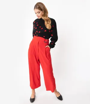 Red High Waist Belted Wide Leg Pants