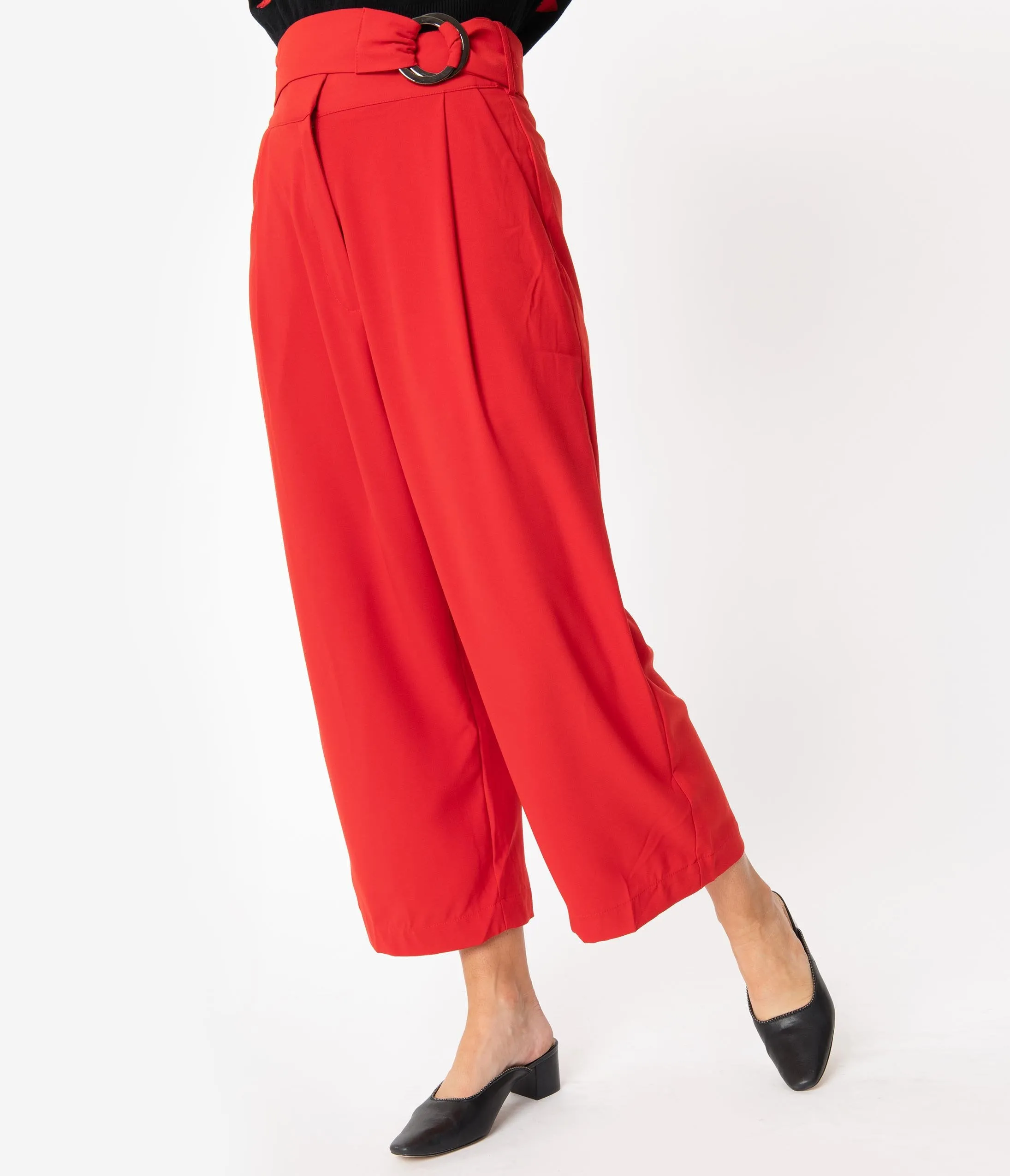 Red High Waist Belted Wide Leg Pants
