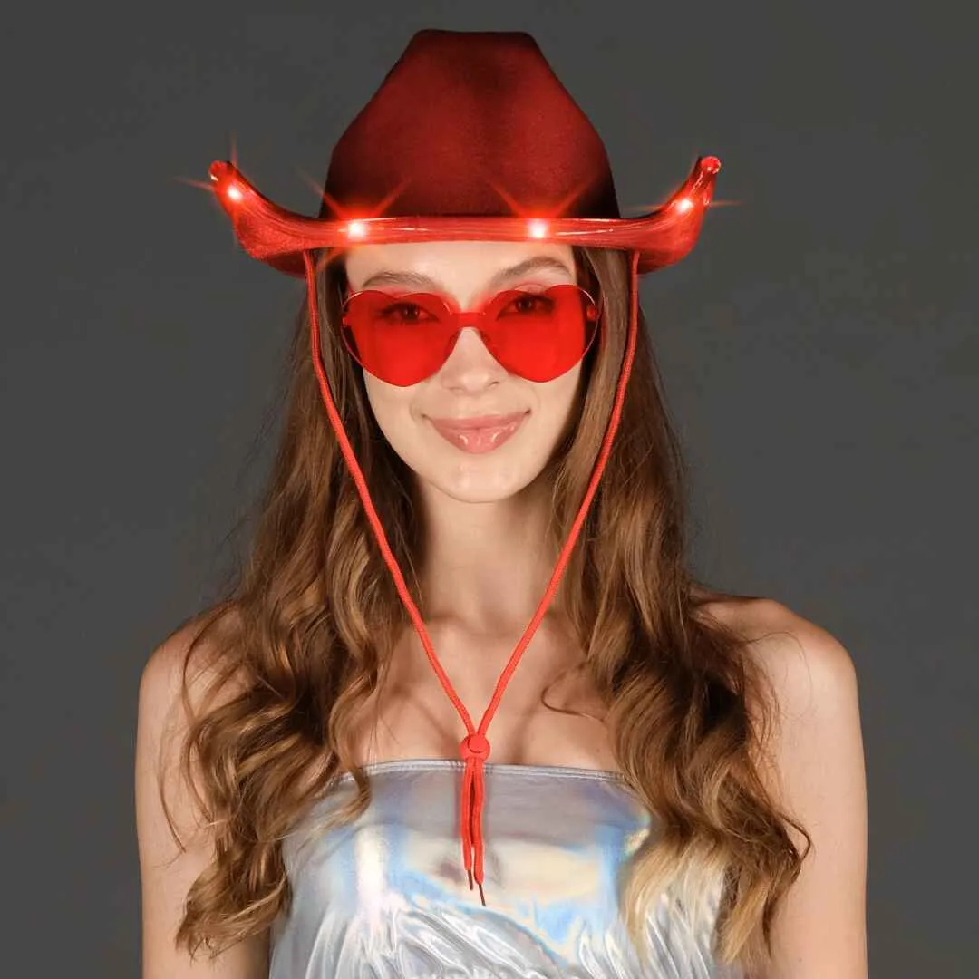 Red Light Up Cowgirl Hats for Women Western - Stylish Cowboy Hats for Women - FUNCREDIBLE