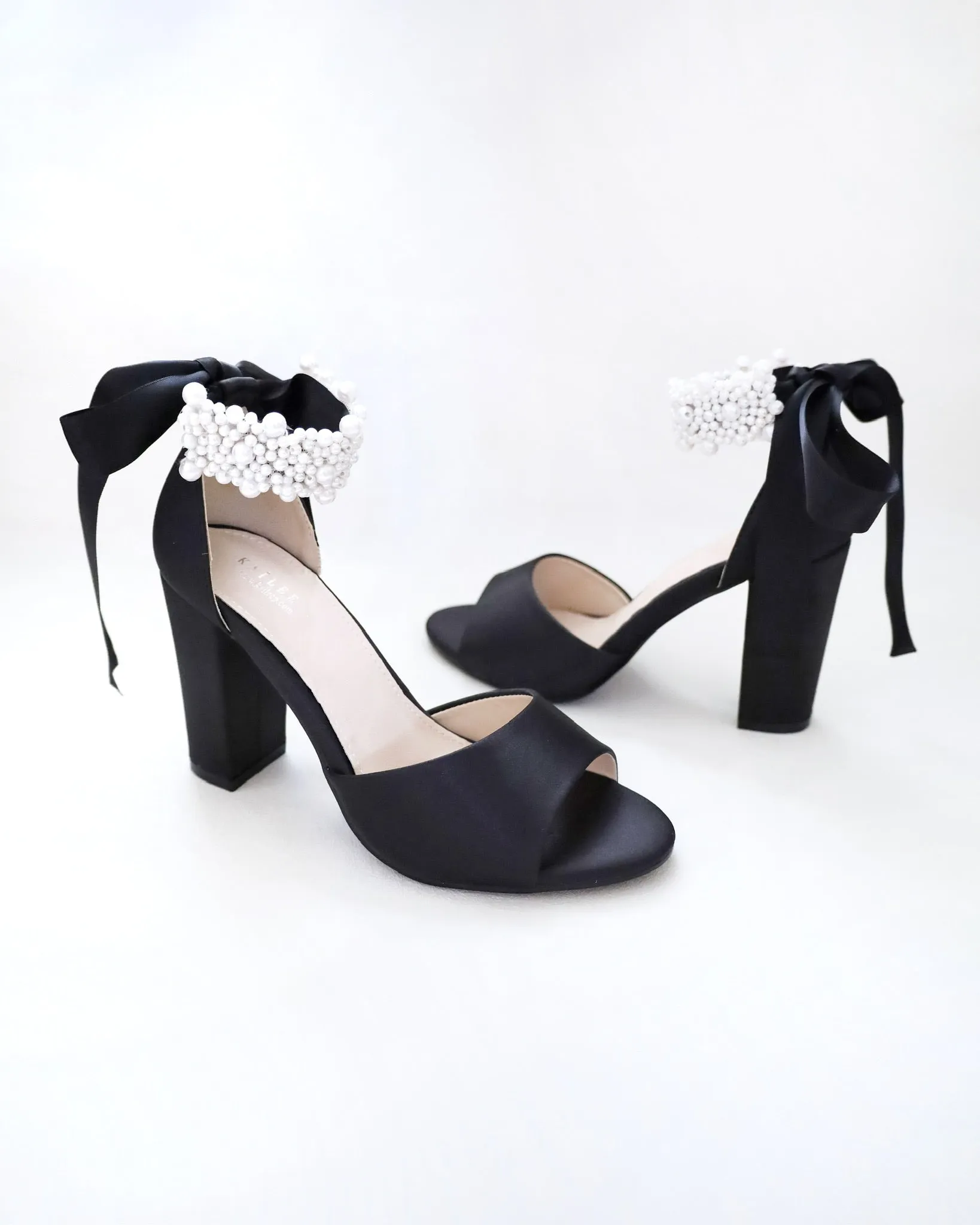 Satin Block Heel Evening Sandals with Perla Ankle Strap