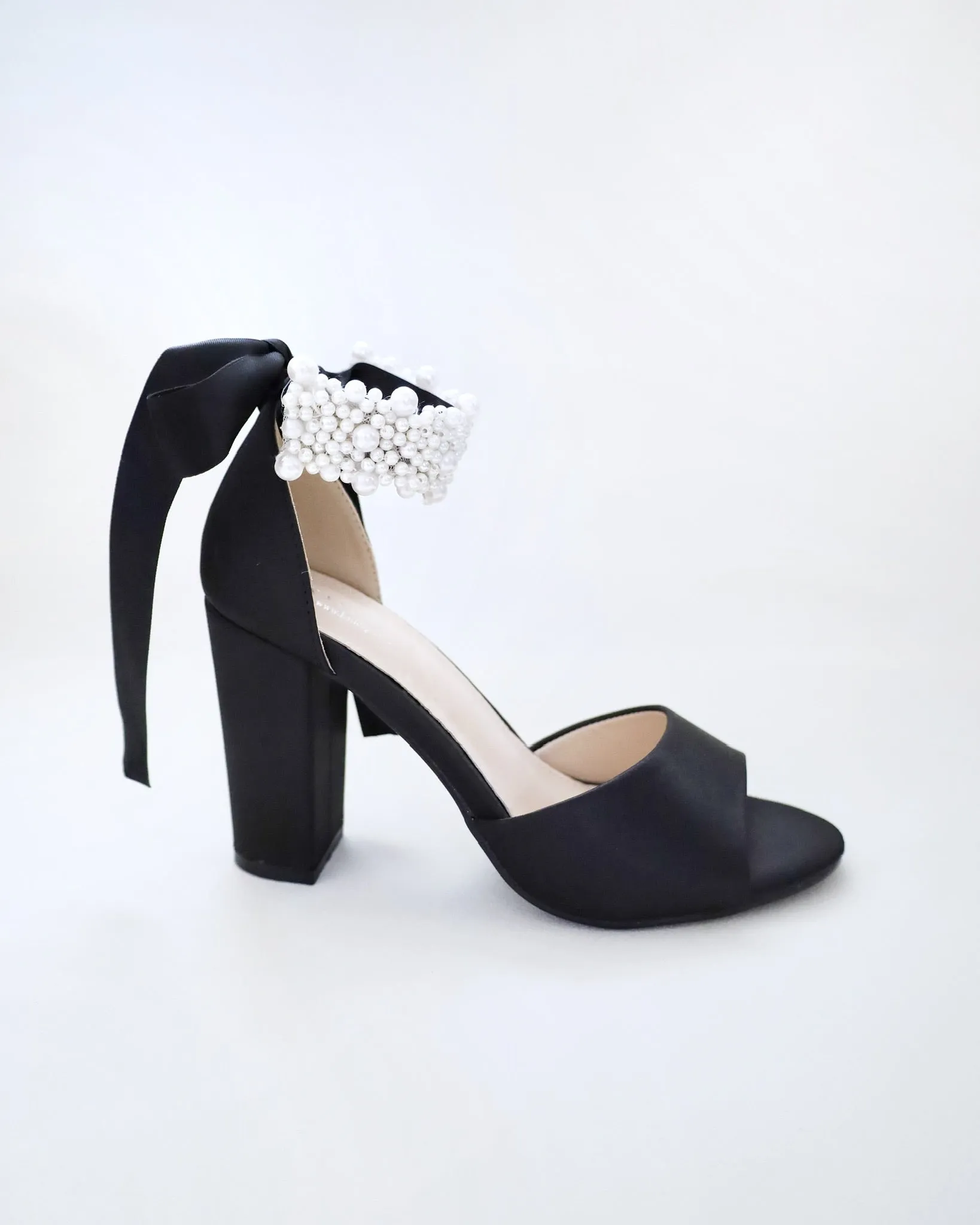 Satin Block Heel Evening Sandals with Perla Ankle Strap