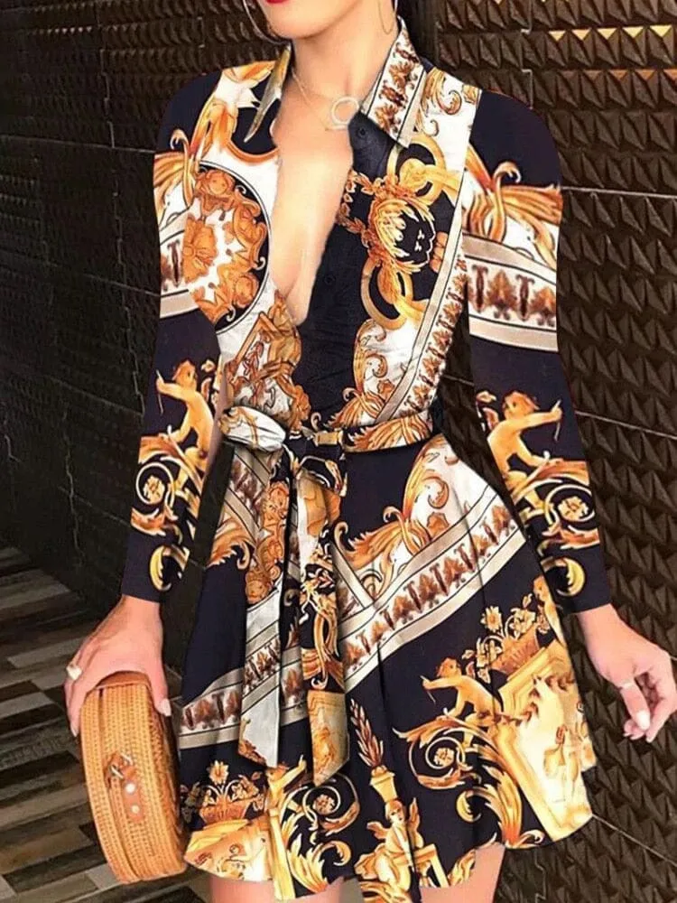 Sexy Deep V-neck Party Dresses Long Sleeve A Line Casual Dress
