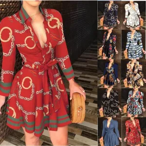 Sexy Deep V-neck Party Dresses Long Sleeve A Line Casual Dress