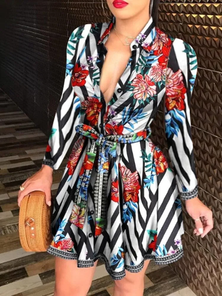Sexy Deep V-neck Party Dresses Long Sleeve A Line Casual Dress