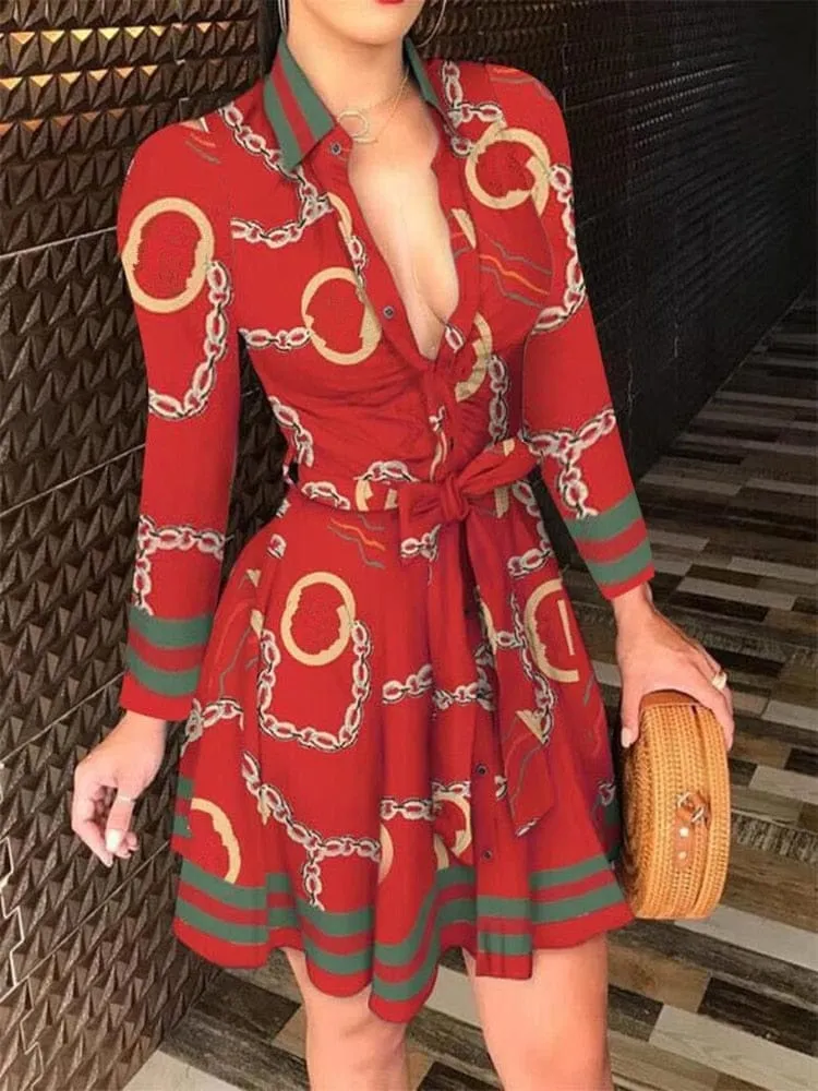 Sexy Deep V-neck Party Dresses Long Sleeve A Line Casual Dress